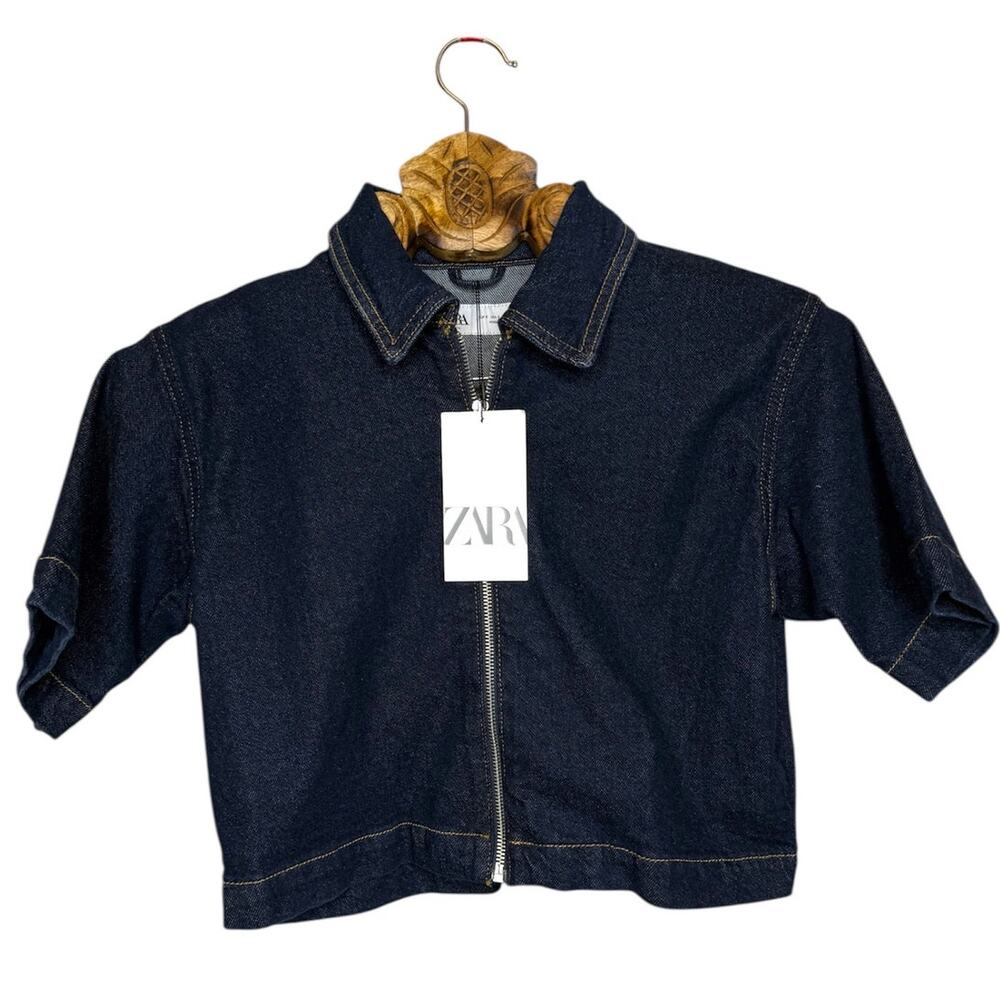 Zara Top Denim Zip Front Collared Shirt Layer Crop Short Sleeve Dark Blue Small